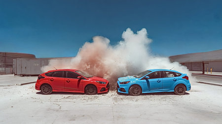 Two hatchbacks, one red and one blue, collide head on in a high speed crash, throwing debris and dust skyward against a clear blue backdropの写真素材