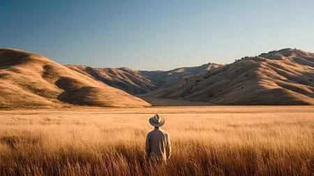 Man wearing a cowboy hat stands with his back to the viewer in a vast golden grass field, looking towards distant rolling hills under a clear blue sky, evoking concepts of journey and freedomの写真素材