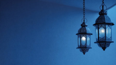 Ornate metallic arabic lanterns with intricate patterns and glowing lights hanging against a deep blue textured wall, symbolizing spirituality and traditional islamic decor during festive seasonsの写真素材