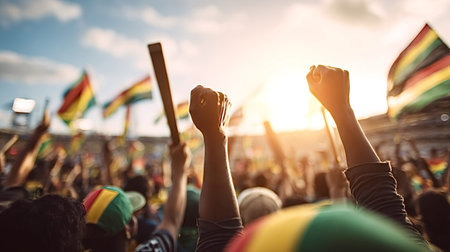 Activists raising fists in solidarity during a public demonstration, showing unity and advocating for rights with national flags waving under a bright skyの写真素材