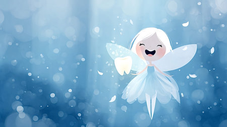 Cute tooth fairy flying over a magical blue bokeh background, holding a glowing white tooth with...