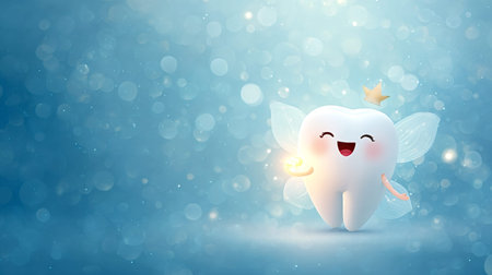 Cheerful tooth fairy character with crown and wings holding a sparkling light, floating on soft blue bokeh backgroundwhimsical dental fantasy for kids and pediatric careの写真素材