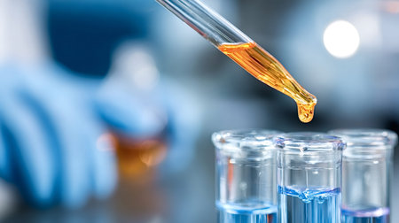 Scientist hand in blue glove using a pipette to add orange liquid chemicals into multiple test tubes...
