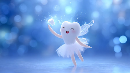 Cute tooth fairy character with a happy face, wearing a tutu skirt and shining wings, flying while holding a sparkling tiny tooth, symbolizing dental care and oral healthの写真素材