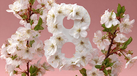 Number eight, symbolizing international women's day, is adorned with delicate white cherry blossoms, standing out against a soft pink background during the spring seasonの写真素材