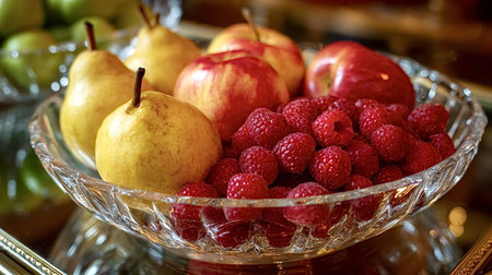 Fresh bowl of ripe yellow pears, red apples and bright raspberries arranged in a glass bowl,...