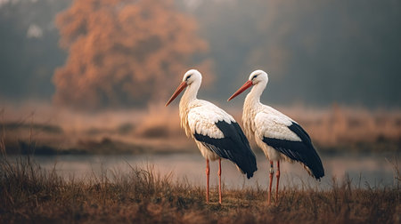 Two white storks with black wings and long red beaks standing beside still water in a natural marsh environment, capturing the peaceful wildlife in warm, soft light with a misty backgroundの写真素材