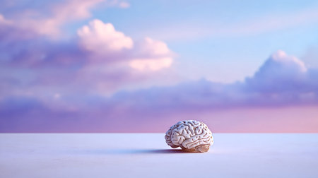 Human brain model resting on a flat surface with a colorful pastel sky and clouds at sunset,...