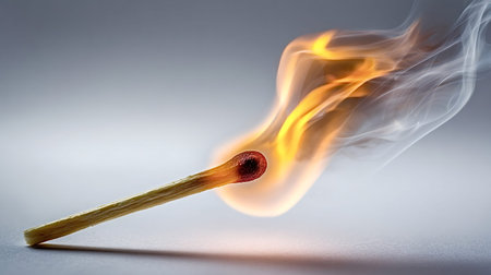 Matchstick igniting with vibrant orange flame and wispy white smoke against a clean background,...