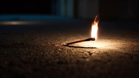 Burning matchstick providing light and warmth, creating a sense of hope and energy against the vast darkness, symbolizing resilience and new beginningsの写真素材