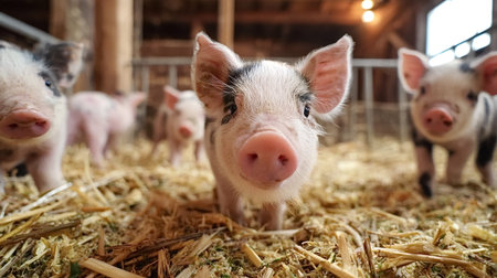 Group of small, spotted piglets with pink snouts and ears standing on a floor covered in straw and hay inside a rustic barn, looking directly at the camera with curiosityの写真素材