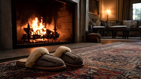 Cozy living room scene with fur lined slippers on a patterned rug beside a glowing stone fireplace, warm firelight creating a peaceful, hygge filled evening atmosphereの写真素材