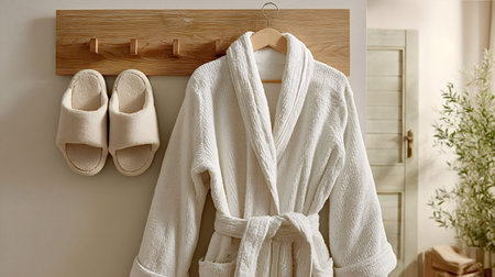Soft white bathrobe and plush slippers hung on a wooden rack in a warm, minimal bathroom, evoking...