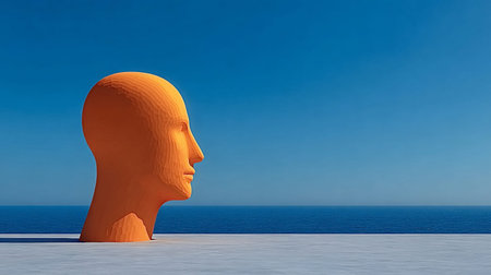 Orange layered human head sculpture gazing at calm ocean horizon under clear blue sky, symbolizing...