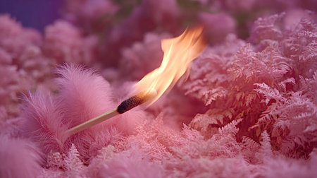 Burning matchstick creates a striking contrast against delicate pink feathers and fern like foliage,...