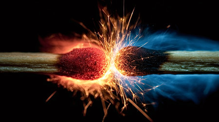 Two match heads colliding and igniting, generating a burst of radiant sparks and contrasting hot red...
