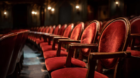 Red velvet seats in rows fill a classic theater hall, creating an inviting atmosphere for an...