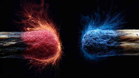 Two match heads, one glowing red with sparks and the other blue, meeting in a conceptual...
