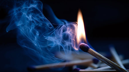 Burning matchstick head with glowing flame and swirling blue smoke creating a dynamic and vivid...