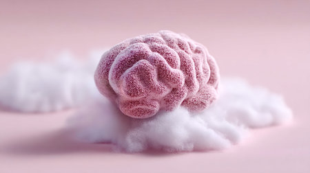 Fluffy pink brain resting comfortably on soft white clouds against a pastel background, symbolizing...