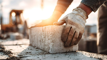 Construction worker wearing protective glove laying a concrete brick, building a wall at an outdoor...