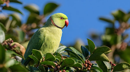 Rose ringed parakeet in its natural environment, sitting on a branch surrounded by green leaves and red berries, with a bright blue sky in the backgroundの写真素材