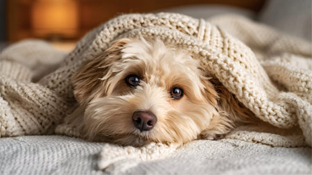 Adorable fluffy puppy dog with soft fur lying comfortably under a warm knitted blanket, looking...