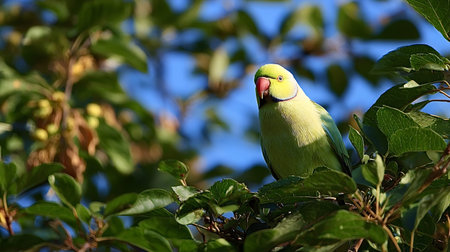 Rose ringed parakeet resting on a leafy tree branch, observing surroundings against a bright blue...