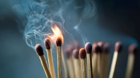 Close up view of a matchstick burning with a bright flame and wisps of smoke, standing among unlit...