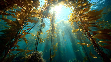 Underwater kelp forest showing long stems and leaves reaching towards the surface, with dazzling...