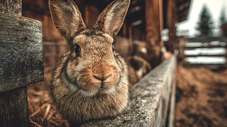 Brown domestic rabbit resting on a weathered wooden fence, looking directly at the camera with large ears and whiskers while staying in a rustic outdoor farm environmentの写真素材