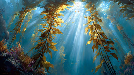 Kelp forest sways beneath sunlit blue water as light rays pierce the surface, revealing rocky seabed, scattered corals and small fish in a tranquil marine ecosystemの写真素材
