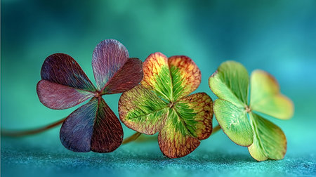 Three colorful four leaf clovers displaying vibrant green, red, and yellow autumnal hues against a teal background, symbolizing luck, nature, and the changing seasonsの写真素材