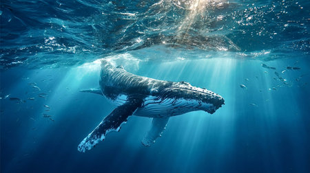 Humpback whale gracefully swimming in deep blue ocean water, powerful light rays beaming through the...