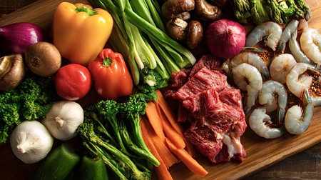 Fresh chopped vegetables - bell peppers, broccoli, carrots, onions, mushrooms - arranged with raw beef chunks and shrimp on a cutting board, ready for healthy meal prepの写真素材