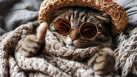 Tabby cat in a straw hat and sunglasses, snug in a knitted scarf and blanket, giving a cheerful thumbs up for a cozy, stylish, funny vacation or lifestyle momentの写真素材