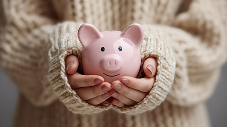 Hands in a cozy sweater gently holding a pink piggy bank, symbolizing careful saving, financial security, planning for future wealth, retirement and smart money managementの写真素材