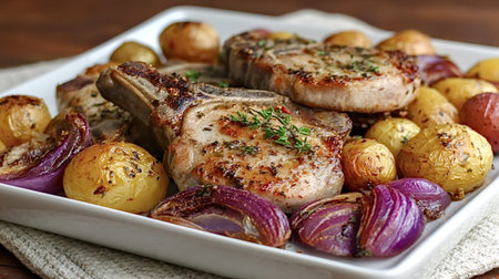 White plate presenting grilled bone in pork chops garnished with fresh thyme, surrounded by golden roasted baby potatoes and flavorful red onion wedges, creating a delicious and hearty homemade mealの写真素材