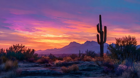 Saguaro cactus silhouette towers over sonoran desert at sunset, vibrant orange, pink and purple clouds above distant mountains creating a tranquil southwestern landscape sceneの写真素材