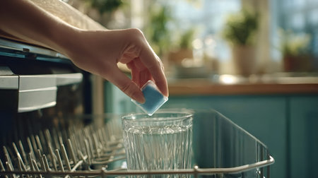 Woman's hand placing a blue dishwasher detergent pod into a clear glass on an open dishwasher rack, illustrating modern kitchen cleaning, hygiene and efficient daily dishwashing routineの写真素材