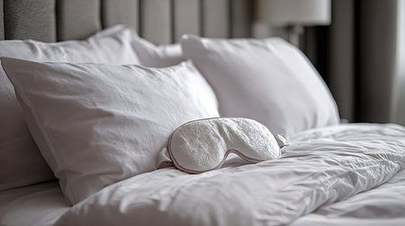 White decorated sleep mask lying on fresh bed linen and soft pillows in a bedroom setting, providing...