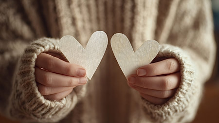 Person's hands gently holding two relief textured white paper hearts, symbolizing love, connection, care, and a warm, heartfelt emotion during a cozy momentの写真素材