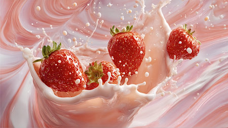 Fresh strawberries dropping into a swirl of creamy pink milk or yogurt, creating an energetic splash with droplets suspended in motion, representing healthy eating and refreshing flavorsの写真素材