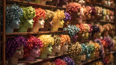 Mannequin heads in varied skin tones showcasing a vivid array of curly, multi colored wigs neatly arranged on wooden shelves in a retail wig and costume shop displayの写真素材