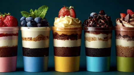 Row of five colorful layered desserts in clear plastic cups featuring various sweet ingredients like...