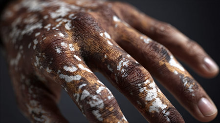 Hand showing vitiligo, a skin condition characterized by depigmentation and white patches, representing diversity and various skin aspects and medical conditions on dark natural skinの写真素材