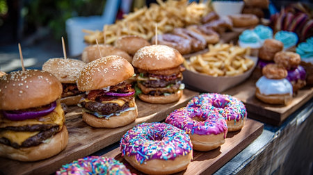 Indulgent spread of delicious fast food items like gourmet burgers, golden french fries, brightly colored iced donuts, and other sweet treats for a fun party or eventの写真素材