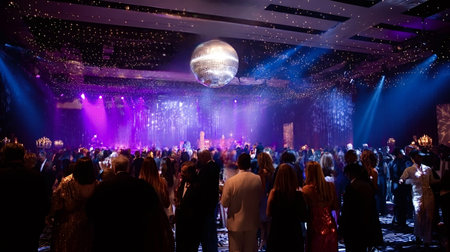 Elegant ballroom crowd dances under blue and purple lights and a sparkling disco ball, enjoying a...