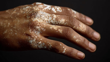 Hand with vitiligo showing distinct white patches and pigment loss on dark skin, close up highlighting depigmentation, epidermal texture, and a common autoimmune dermatology conditionの写真素材