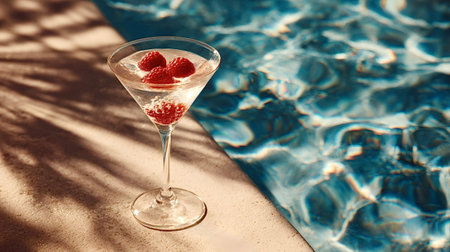 Raspberry cocktail martini standing by the edge of a rippling swimming pool, creating a relaxing...